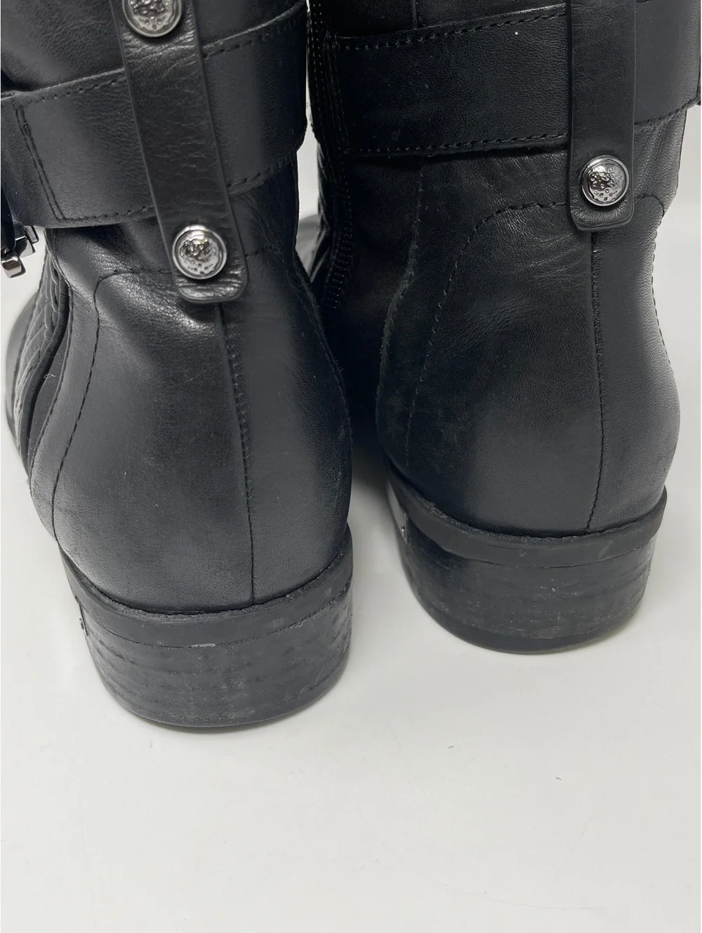 Black Leather Over The Knee Boots 9 Quilted Front Buckle Stretch Back Low Heel